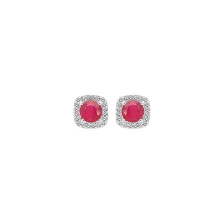 Boucles d'oreilles tige argent rhodié rubis véritable contour forme carré