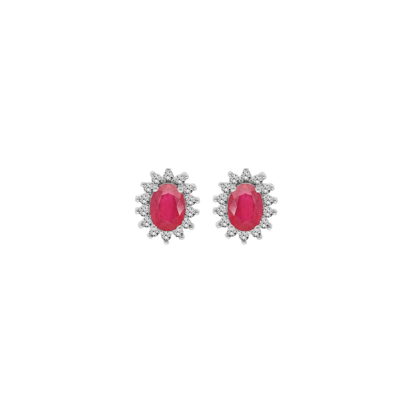 Boucles d'oreilles tige argent rhodié rubis véritable contour topazes blanches