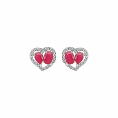 Boucles d'oreilles puces en argent rhodié 2 rubis véritables contour forme cœur topazes blanches serties