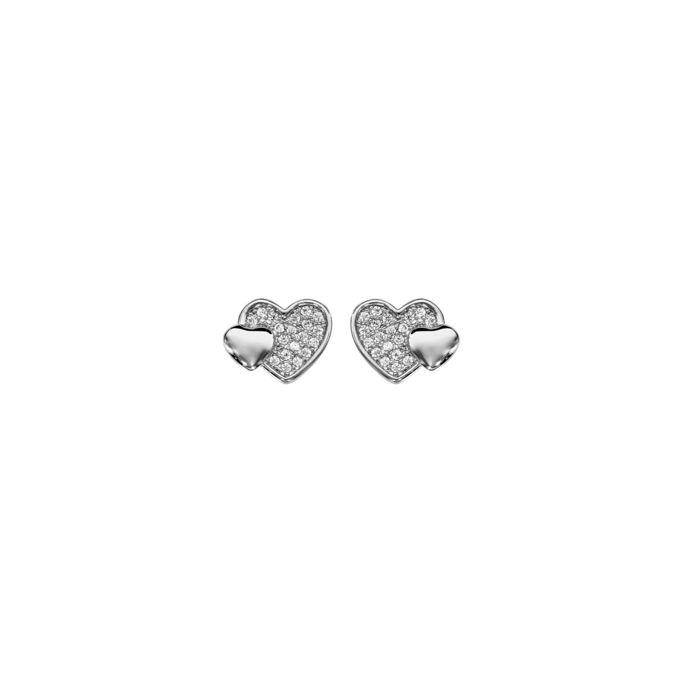 Boucles d'oreilles tige argent rhodié double cœur pavé oxydes blancs