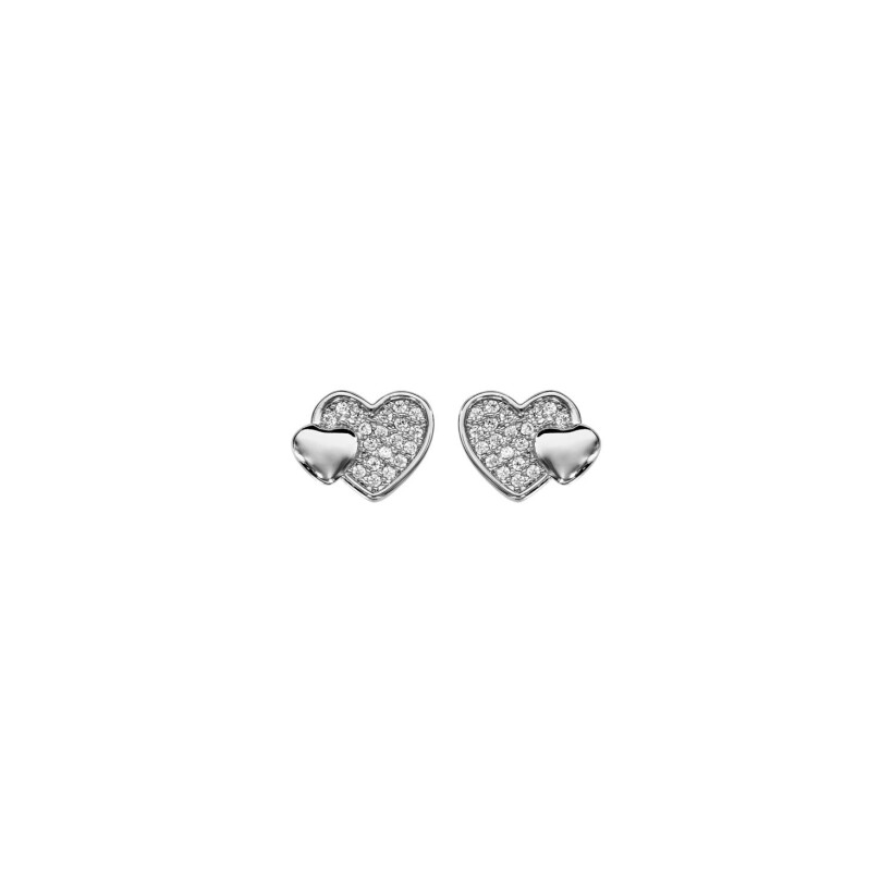 Boucles d'oreilles tige argent rhodié double cœur pavé oxydes blancs