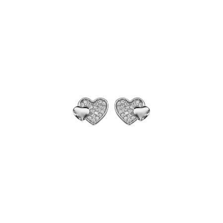 Boucles d'oreilles tige argent rhodié double cœur pavé oxydes blancs