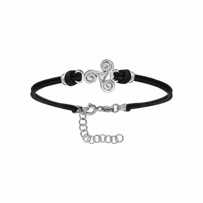 Bracelet cordon argent rhodié double noir interchangeable triskel 14+3cm