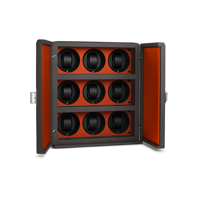 Valise Scatola del tempo avec 6 remontoirs programmables, en cuir gris et orange