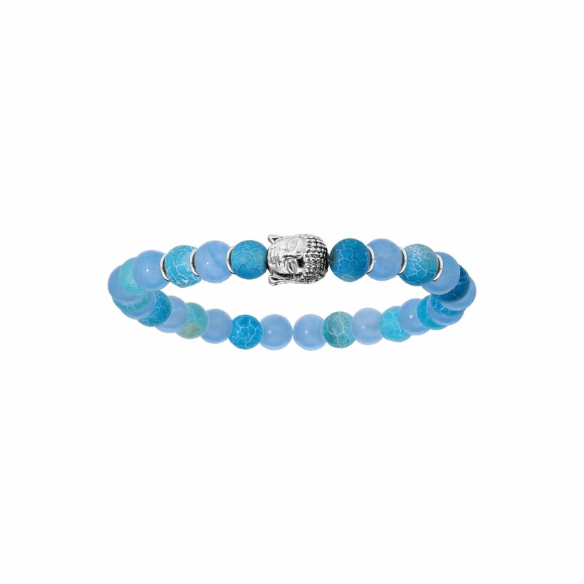 Bracelet argent rhodié extensible pierre de lave bouddha et boules quartz bleu clair