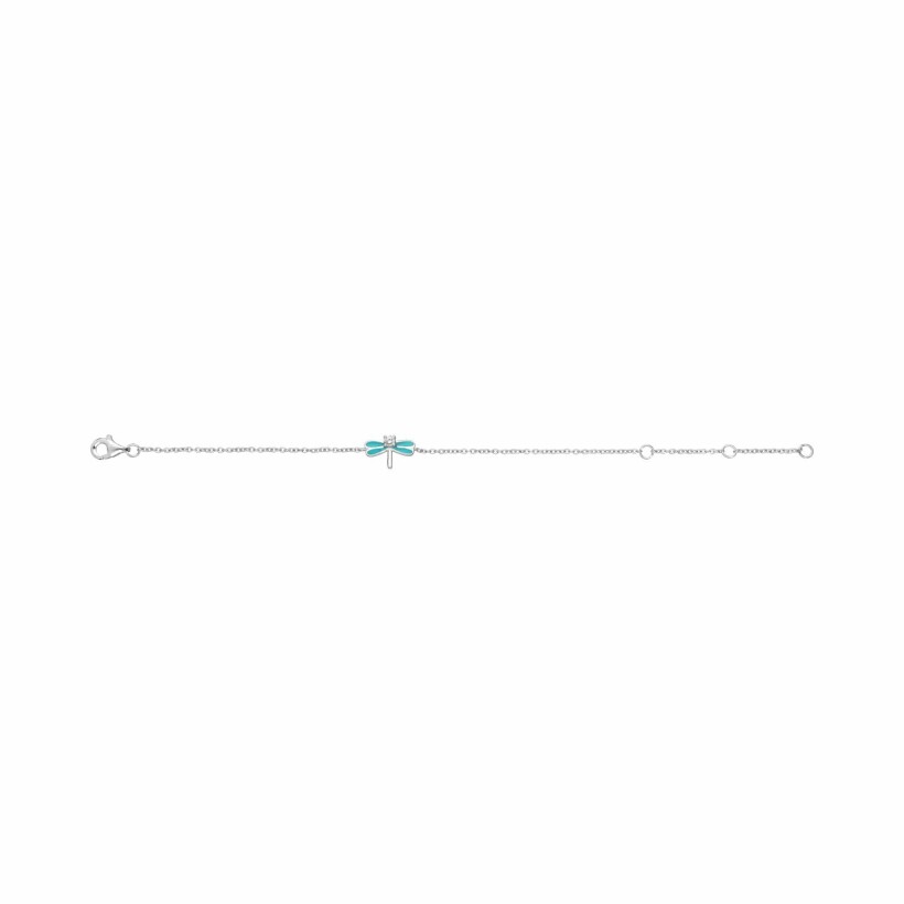 Bracelet libellule en argent rhodié, résine turquoise et oxyde de zirconium