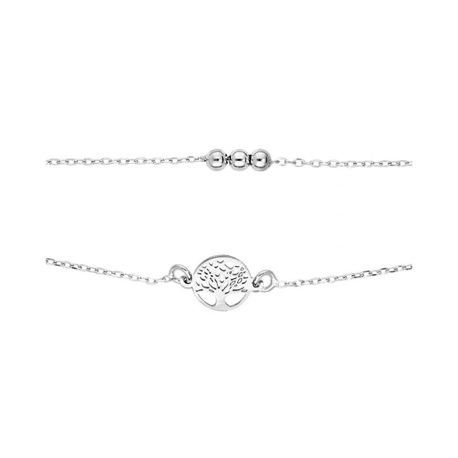 Bracelet double chaîne arbre de vie et boules en argent rhodié