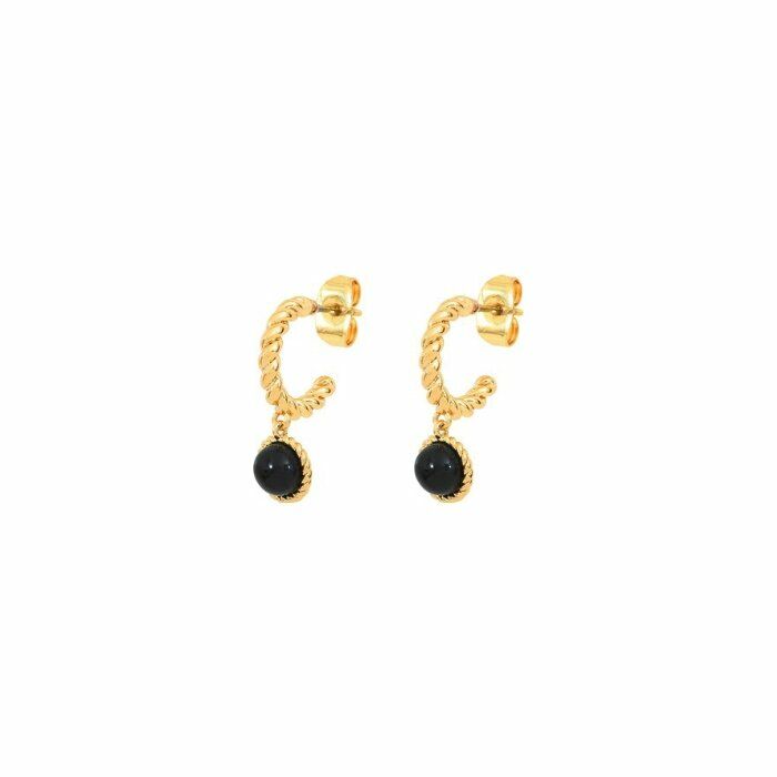 Boucles d'oreilles créoles Agatha Aloha en laiton et onyx