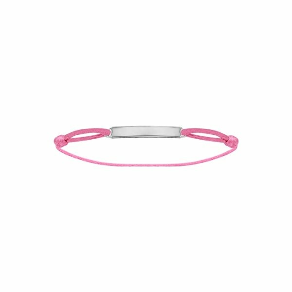 Bracelet argent rhodié cordon rose réglable avec plaque rectangulaire