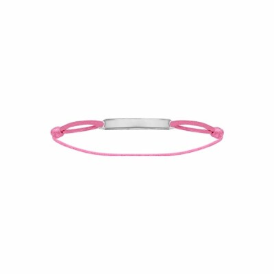 Bracelet argent rhodié cordon rose réglable avec plaque rectangulaire