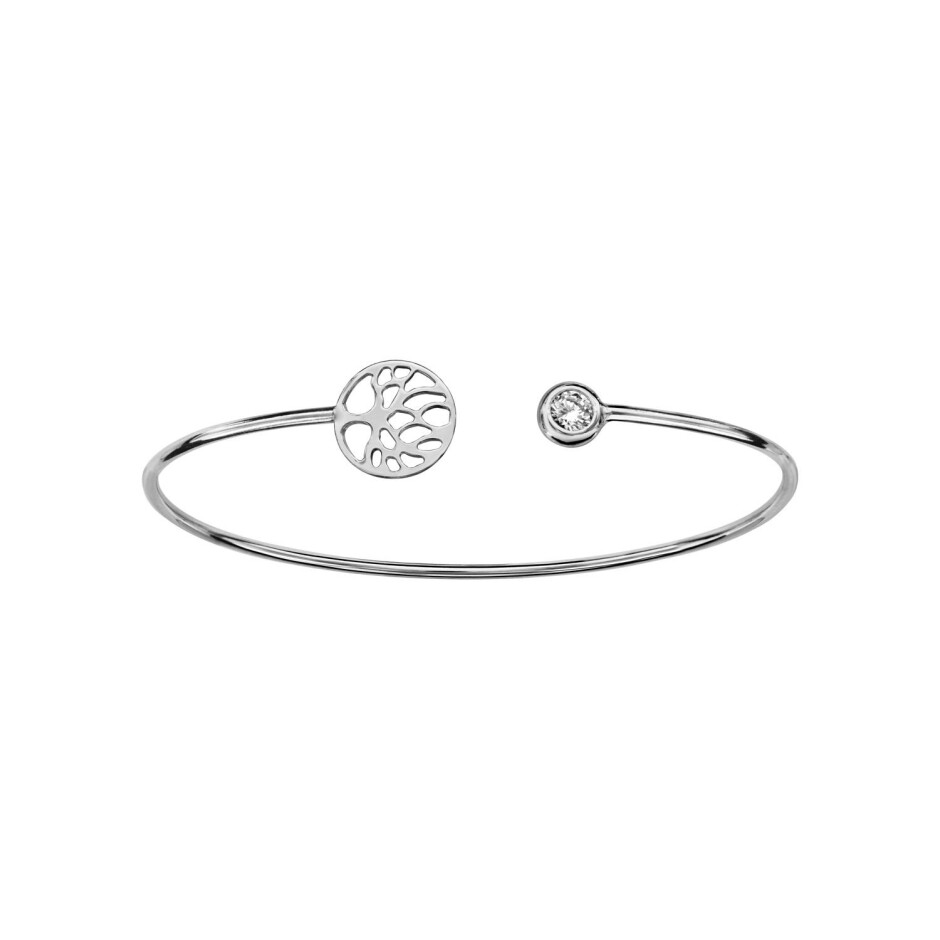 Bracelet argent rhodié jonc ouvert oxyde blanc serti et arbre