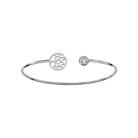 Bracelet argent rhodié jonc ouvert oxyde blanc serti et arbre