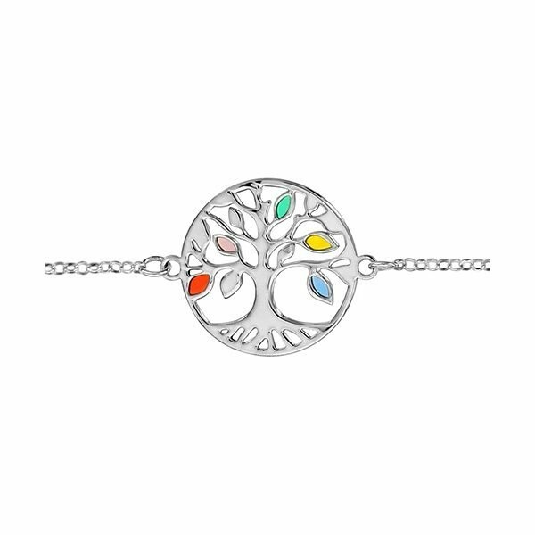 Bracelet argent rhodié arbre de vie résine multi couleurs 16+3cm