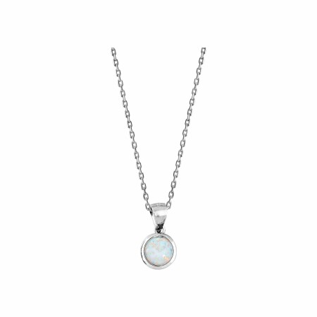 Collier argent rhodié pendentif opale blanche ronde véritable 44.5cm