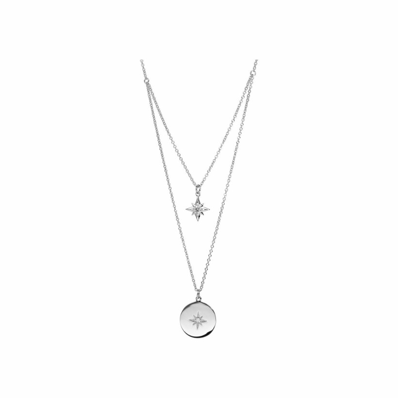 Collier argent rhodié double rang étoile et pastille oxyde blanc 40+4cm