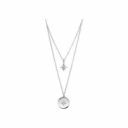 Collier argent rhodié double rang étoile et pastille oxyde blanc 40+4cm