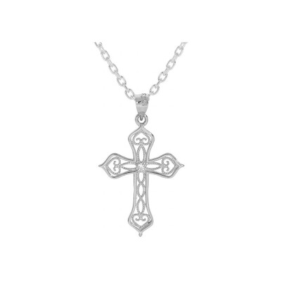 Collier argent rhodié pendentif croix filigrane oxyde blanc 40+5cm