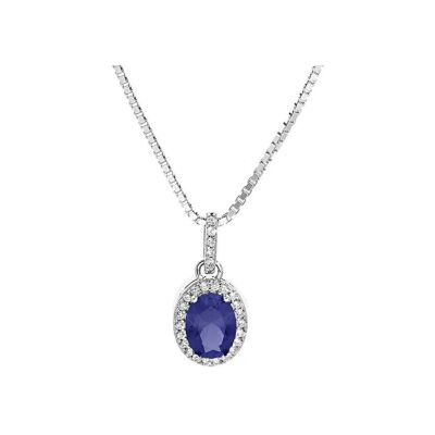 Collier argent rhodié pendentif pierre centrale bleu synthétique et contour oxydes blancs sertis 42+3cm