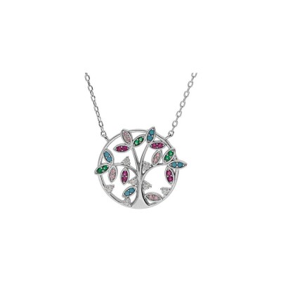 Collier argent rhodié arbre de vie oxydes multi couleurs 40+4cm