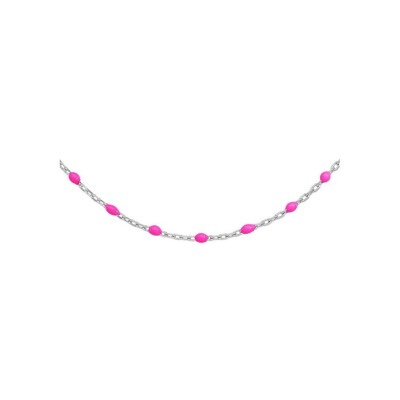 Sautoir argent rhodié olives résine rose fluo 60+10cm