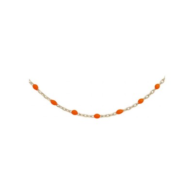 Sautoir argent et dorure jaune olives résine orange fluo 60+10cm