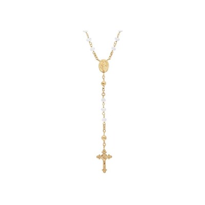 Collier argent et dorure jaune Chapelet verre facete blanc 50+5cm