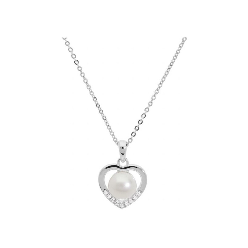 Collier cœur en argent rhodié, perle de culture d'eau douce blanche et oxydes de zirconium