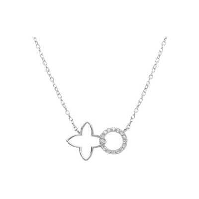 Collier argent rhodié fleur decoupée lisse et cercle oxydes blancs sertis 40+4cm
