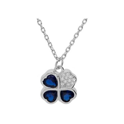 Collier argent rhodié pendentif trèfle et coeur 10mm oxydes bleus 39+2+2cm