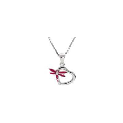 Collier cœur avec libellule en argent rhodié et résine rose