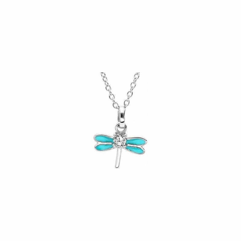 Collier libellule en argent rhodié, résine turquoise et oxyde de zirconium