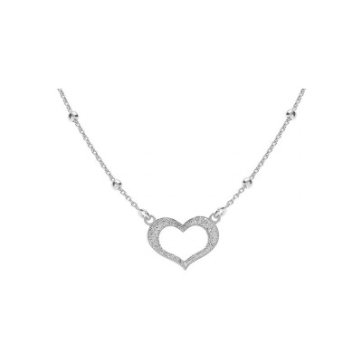 Collier argent rhodié chaîne boules avec coeur givré 42+3cm