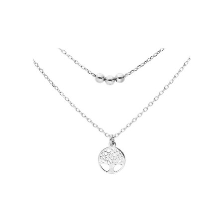 Collier double chaînes arbre de vie et boules en argent rhodié