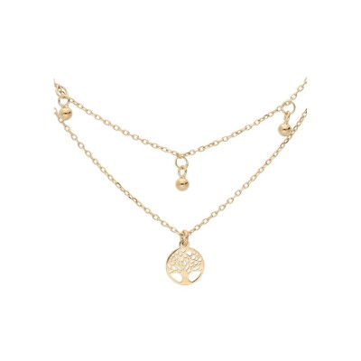 Collier argent et dorure jaune double chaîne arbre de vie et 3 boules 40+5cm