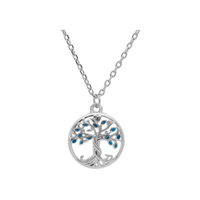 Collier argent rhodié pendentif arbre de vie résine bleue 40+4cm