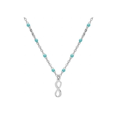 Collier argent rhodié boules résine turquoise imitation motif infini 40+5cm