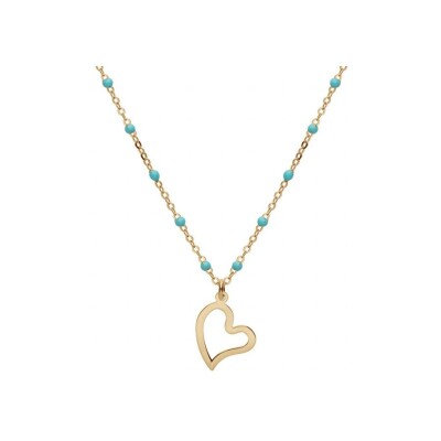 Collier argent et dore jaune boules résine turquoise imitation avec coeur 40+5cm
