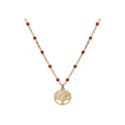 Collier argent et dorure jaune boules résine rouges avec arbre de vie 40+5cm