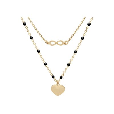 Collier infini et cœur en argent doré et résine noire