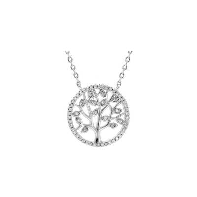 Collier argent rhodié pendentif arbre de vie oxydes blancs et contour oxydes blancs sertis 40+3cm