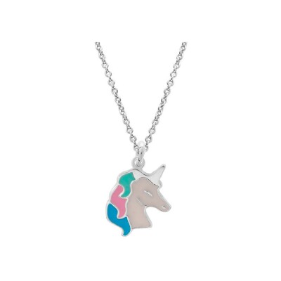 Collier argent rhodié pendentif licorne résine blanche et pastel 35+5cm