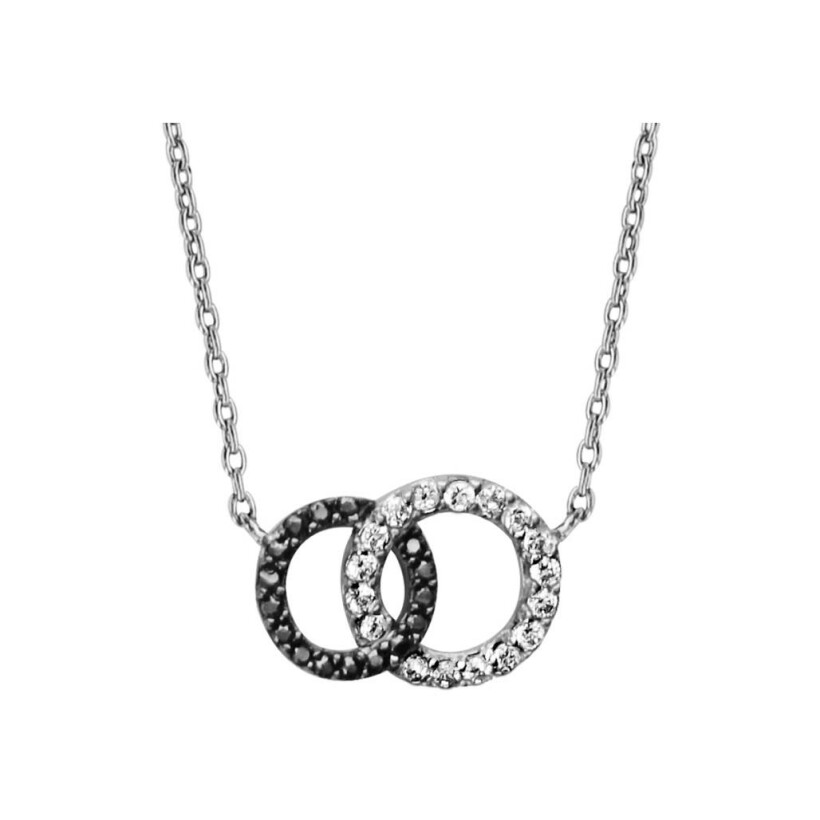 Collier 2 cercles entremêlés en argent rhodié et pierres blanches et noires