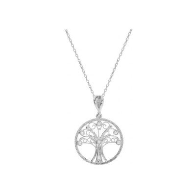 Collier argent rhodié pendentif arbre de vie filigrane et oxydes blancs sertis 40+5cm
