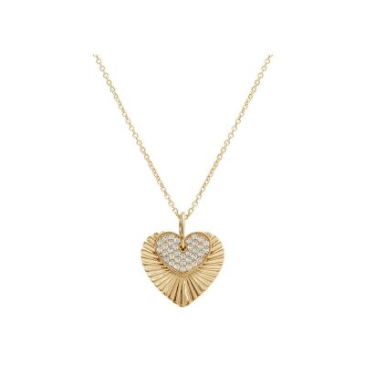 Collier double cœur strié en argent doré et oxydes de zirconium