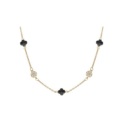 Collier argent doré trèfle en verre noir et pastille oxydes blancs 42+3cm