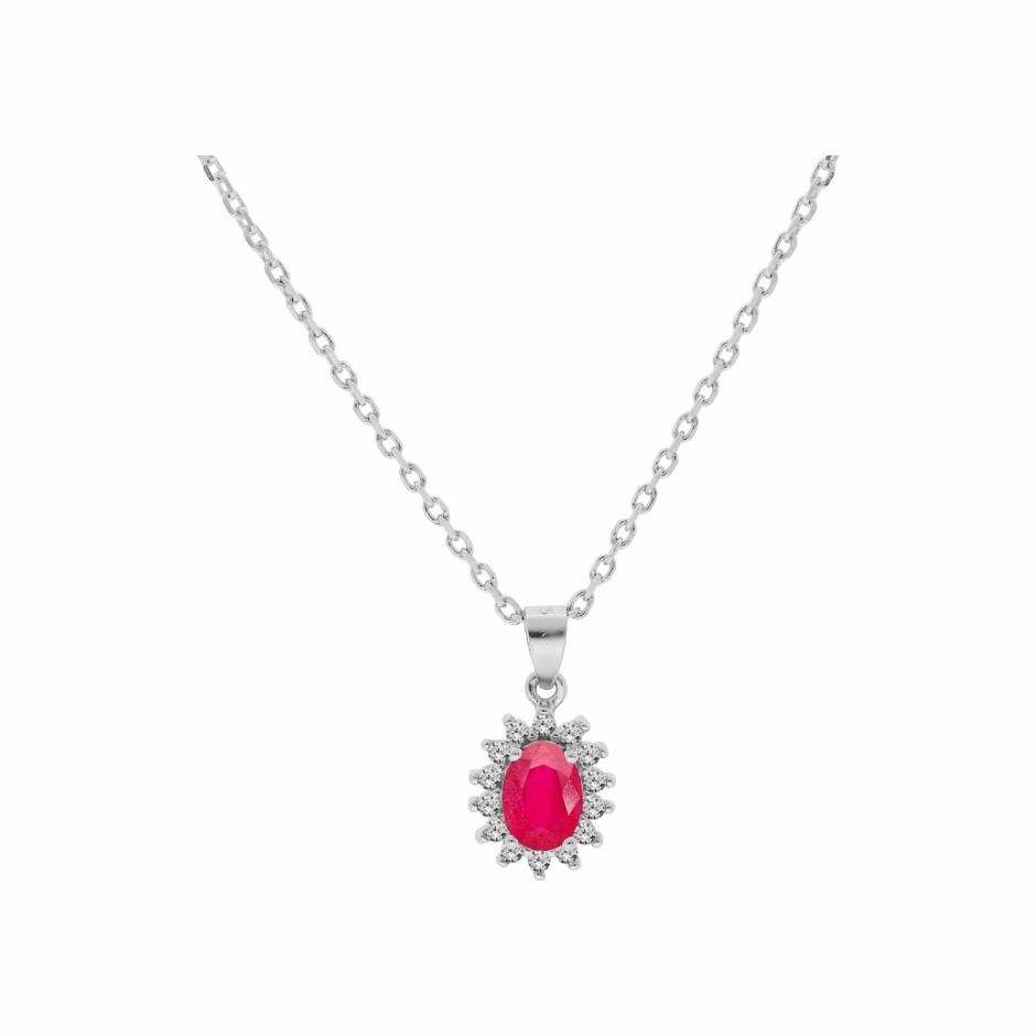 Collier argent rhodié pendentif rubis véritable contour topazes blanches serties 42+3cm