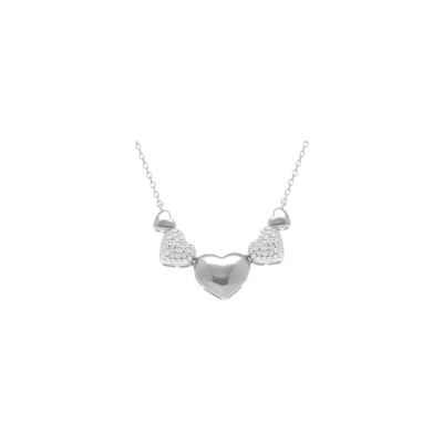 Collier cœurs bombés en argent rhodié et oxydes de zirconium