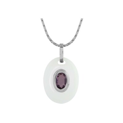 Collier argent rhodié oval résine blanche pierre ovale synthétique violette 43+3cm