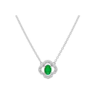 Collier argent rhodié forme fleur emeraude véritable et topazes blanches 42+3cm