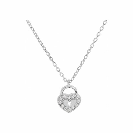 Collier en argent rhodié, pendentif cœur serti d'oxydes de zirconium blancs, 45cm